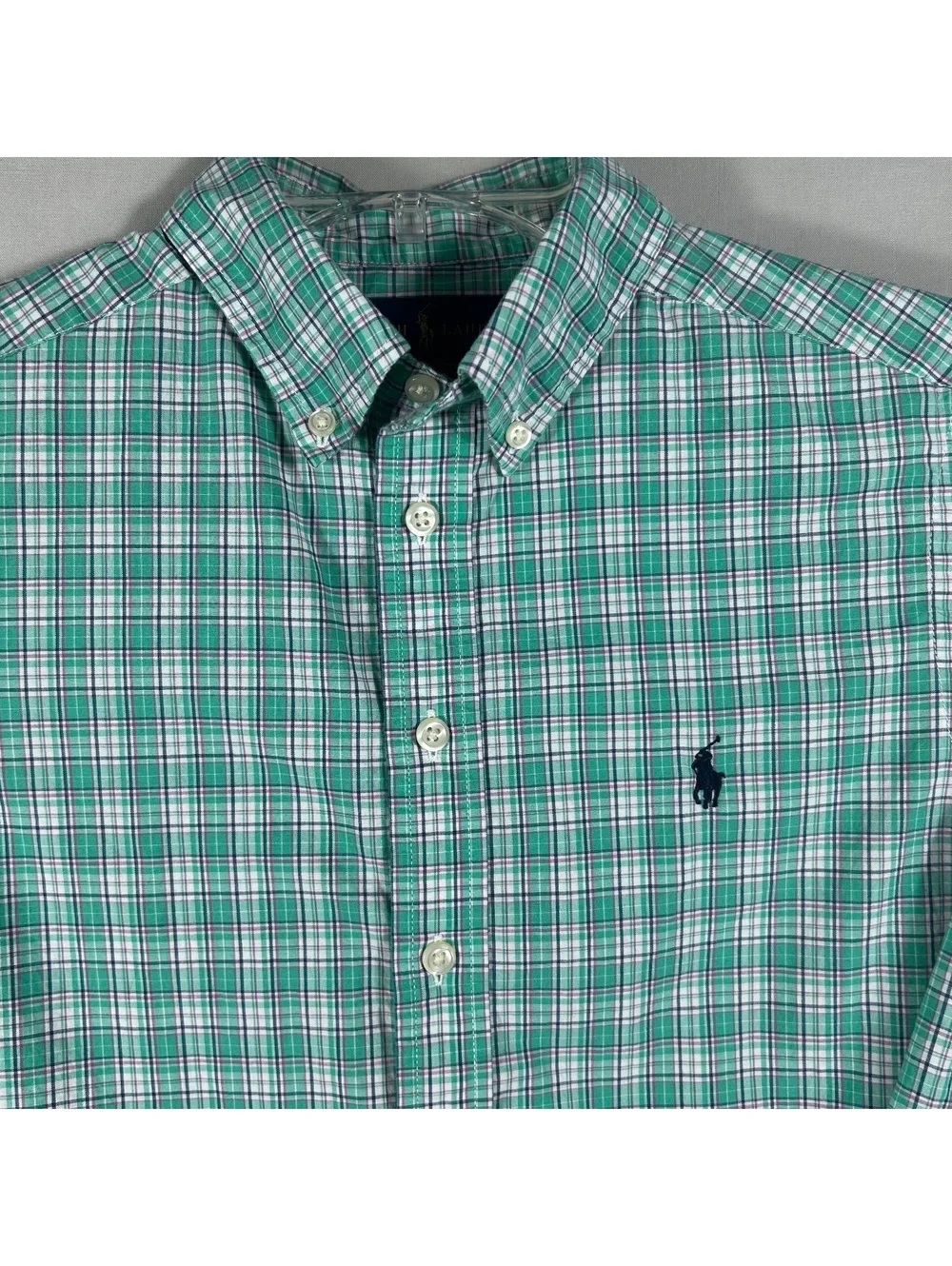 Polo Ralph Lauren Boys Shirt M 10-12 Plaid Button Down L. Sleeve Green/Blue/Pink